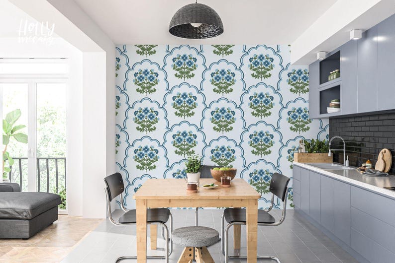 Floral Seamless File - Grand Millennial Blue Scallop Design - Repeat Background for Fabrics image 4