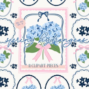 Lentehortensia clipartpakket - bloemen, lijsten en strikken - digitale download - Cottage Core - Grand Millennial Clipart - Floral clipart-pngs