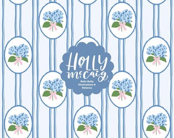 Framed Hydrangea Seamless Pattern - Blue Floral Background - Grand Millennial - Repeat Hydrangeas