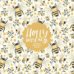 Bees Seamless File - Floral Repeat Background - Hand Drawn - Cottage Core