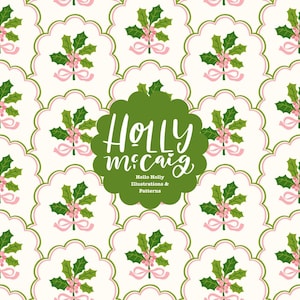 Pink & Green Christmas Botanical Scallop Seamless Pattern | Preppy Holiday Design | Christmas Background | Grand Millennial Style
