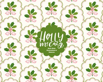 Pink & Green Christmas Botanical Scallop Seamless Pattern | Preppy Holiday Design | Christmas Background | Grand Millennial Style