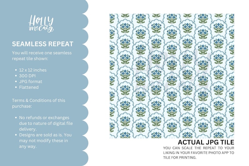 Floral Seamless File - Grand Millennial Blue Scallop Design - Repeat Background for Fabrics image 2