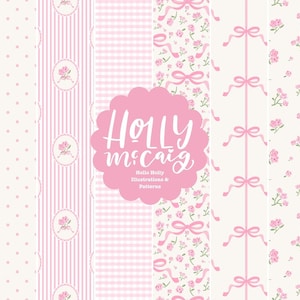 May include: A collection of pink and white floral and patterned digital papers. Designs include stripes, polka dots, gingham, and floral arrangements. The text "Holly mccaig" is displayed in a pink scalloped shape.