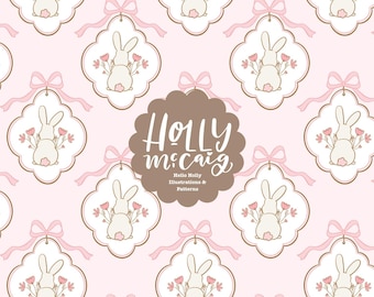 Patrón sin costuras de Pascua: fondo repetido de conejito, lazos festoneados, rosa, descarga preppy