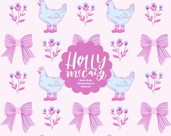 Chicken Seamless File - Cottagecore Repeat Pattern - Bows Background - Grandma Core