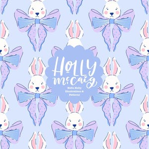 Easter Seamless Pattern - Bunnies and Bows - Blue Repeat Background