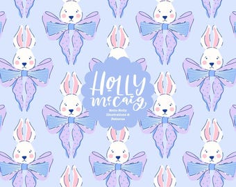 Modèle sans couture de Pâques - lapins et noeuds - fond bleu