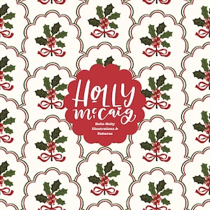 Naadloze kerstpatroon met botanische sint-jakobsschelp | Grand Millennial Preppy | Gedempt vakantiegroen en strikken | Achtergrond herhalen patroon