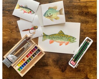 Handmade watercolor customized and standard fish and fly paintings