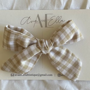 Handmade Gingham Hair Bow on a Soft Nylon Headband or Hair Clip | White