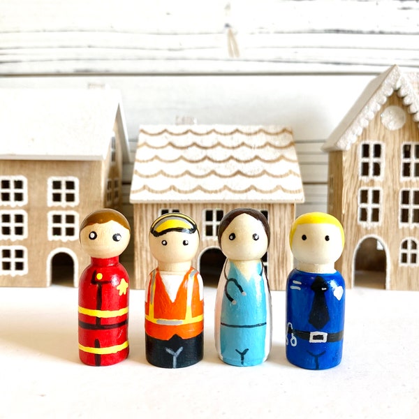 Peg dolls, firefighter, police, ambulance, nurse, construction, wood toy, Montessori