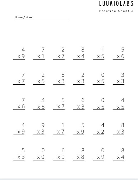 5 page single digit multiplication worksheet etsy