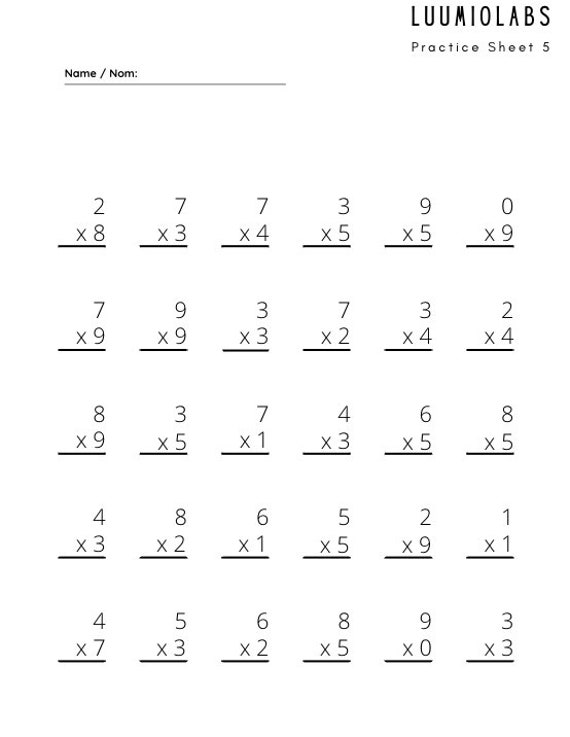 5 page single digit multiplication worksheet etsy
