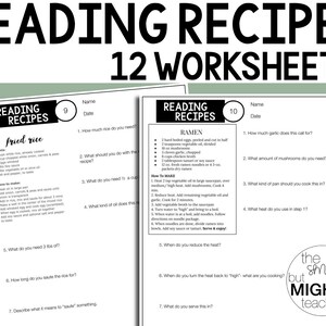 May include: Two black and white printable worksheets for reading recipes. The first worksheet is for "Fried Rice" and the second is for "Ramen". Both worksheets have questions about the ingredients and instructions for the recipes.
