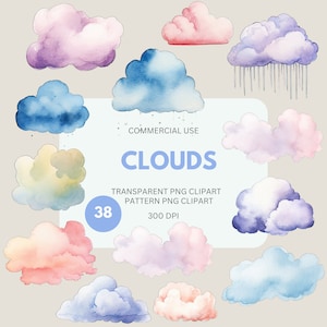 水彩パステル雲クリップアートパック、曇りグラフィックPNG、雨雲、商業利用のための空のイラスト、透明PNG