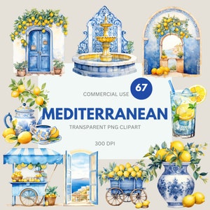 Pacote de clipart aquarela mediterrâneo, clipart de limão aquarela, ladrilhos de azulejo, ladrilhos brancos e azuis, papel digital de azulejo, PNG transparente