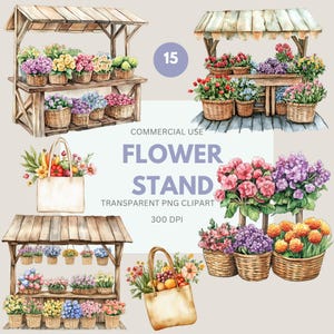 Flower Stand Clipart, Watercolor Farmers Market Clipart, Spring Market, Rustic Flower Stand, Flower Shop, Commercial Use, Transparent PNG