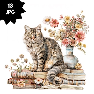 Bookstack for Cats Clipart JPG, Cute Cat Reading, Kitty Book Lover Art, Cozy Book Stack Cat Design, Digital Download, Commercial Use