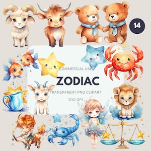 Zodiac Clipart Pack, Watercolor Zodiac Signs PNG, Astrology, Horoscope, Baby Zodiac Animal, Celestial Commercial Use, Transparent PNG