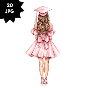 May include: A watercolour illustration of a person in a pink graduation dress and cap, viewed from the back. The off-the-shoulder dress has a large bow. The graduate wears pink heels and has long, wavy brown hair. A pink tassel hangs from the cap.