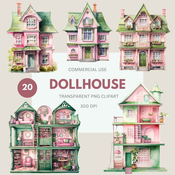 Dollhouse Clipart Pack, Watercolor Cute House PNG, Pastel Dollhouse, Toy House Illustration for Commercial Use, Transparent PNG
