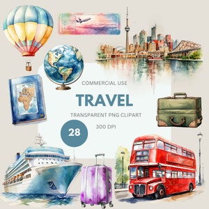 Paquete de imágenes prediseñadas de viaje, PNG de vacaciones en acuarela, viajes de vacaciones en pastel, maleta, equipaje, ilustración de avión para uso comercial, PNG