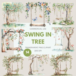 Schaukel im Baum Clipart, Aquarell Blumen Schaukel Clipart, Papierhandwerk, Junk Journals, kommerzielle Nutzung, transparente PNG