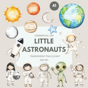 Kleine Astronauten Clipart Pack, Aquarell Weltraum PNG, Geburtstagskind Clipart, Raumschiff, UFO, Planeten, kommerzielle Nutzung, transparente PNG
