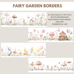 Fairy Garden Border Clipart, Aquarel Fairy Border, Pastel Fairy, Enchanted Forest Mushroom, Floral commercieel gebruik, witte achtergrond JPG