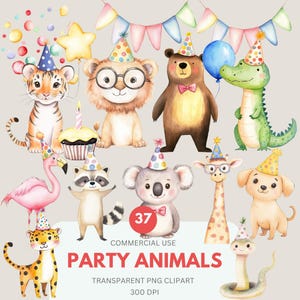 Clipart animaux de fête, aquarelles d'animaux, fête d'animaux, ballon créatures de la forêt, fête d'anniversaire à usage commercial, PNG transparent