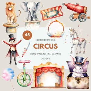 Circus Clipart Pack, Circus Animal Watercolor, Circus Tent, Circus Party, Circus Ringmaster, Rabbit in Magic Commercial Use, Transparent PNG