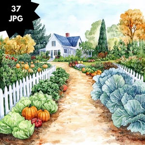 May include: Watercolor painting of a white farmhouse with a blue roof, surrounded by a garden with pumpkins, cabbage, and a white picket fence. The image has a warm, autumnal color palette.