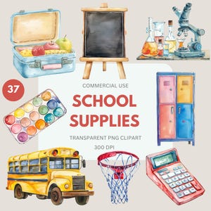 Pack de cliparts de fournitures scolaires, rentrée des classes, Fournitures scolaires, Clipart de livre, Premier jour d'école, Scrapbooking, Usage commercial