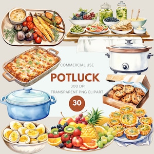 Pack de cliparts repas-partage, cocotte en terre cuite, mijoteuse, petit gâteau, salle à manger dans la communauté, clipart fête, usage commercial, PNG transparent