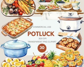 Potluck Clipart Pack, Watecolor Casserole, Crockpot, Cupcake Food, Community Dining, Party Clipart, Commercial Use, Transparent PNG
