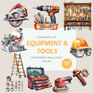 Pacote de clipart de equipamentos e ferramentas, ferramentas elétricas, ferramentas manuais, construção PNG, martelo, escada, aquarela de unha, uso comercial, PNG transparente