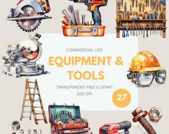 Equipment and Tools Clipart Pack, Power Tools Hand Tools Construction PNG, Hammer, Ladder, Nail Water Color, Commercial Use, Transparent PNG