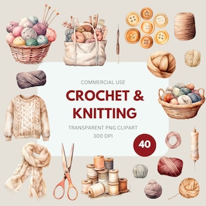 Pack de cliparts tricot au crochet, crochets, tricot, fil PNG, couture, travaux d'aiguille, aquarelle en pelote de laine, usage commercial, PNG transparent