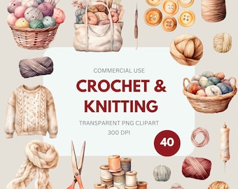 Crochet Knitting Clipart Pack, Crochet Hooks, Knitting, Yarn PNG, Sewing, Needlework, Yarn Ball Water Color, Commercial Use, Transparent PNG