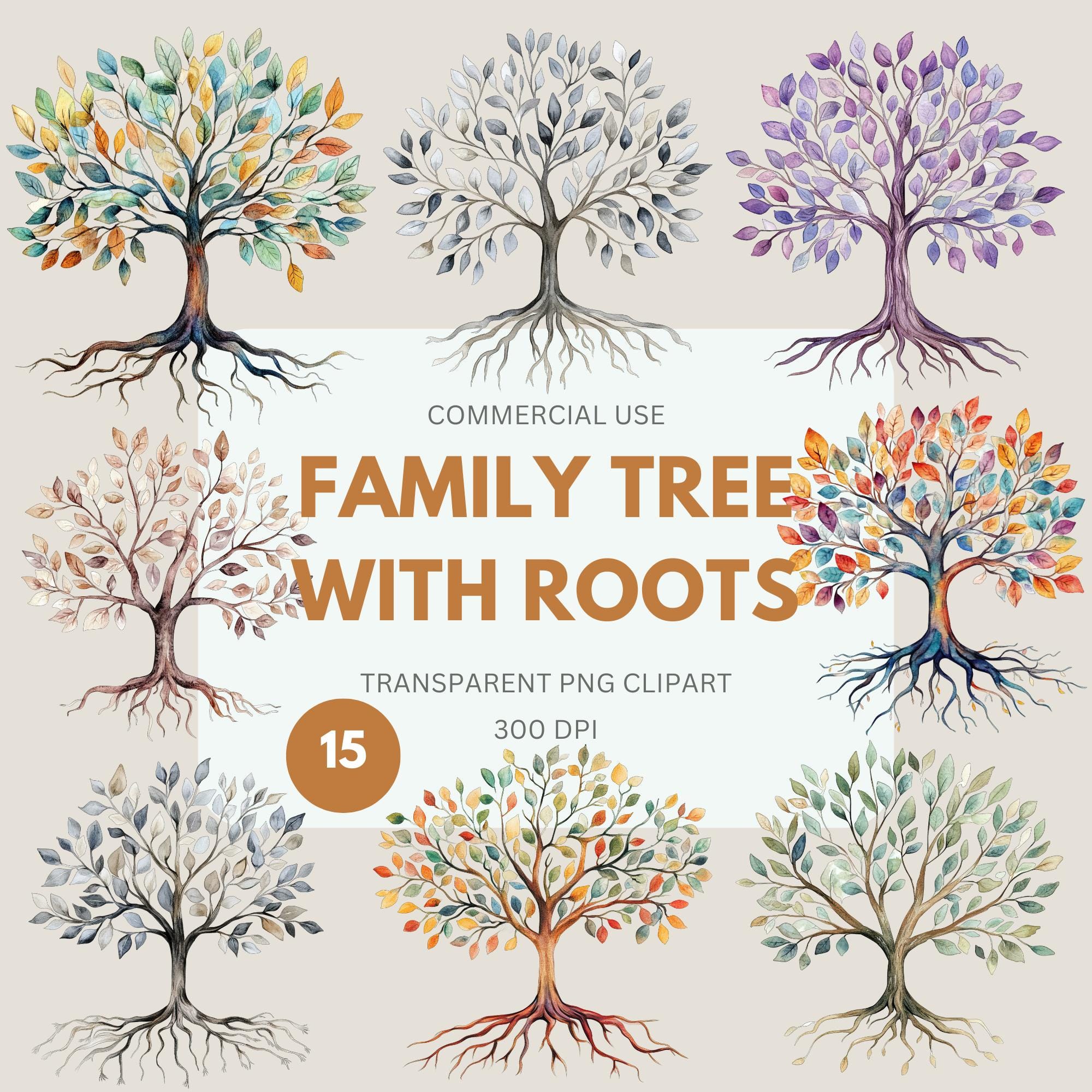 Family Tree with Roots Clipart, Tree with Roots, Tree of Life Clipart, Oak Tree, Genealogy Watercolor for Commercial Use, Transparent PNG