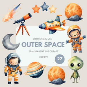 Outer Space Clipart Pack, aquarel Rocket Space PNG, schattige ruimtewaterkleur, astronaut, planeten, meteoor, commercieel gebruik, transparante png