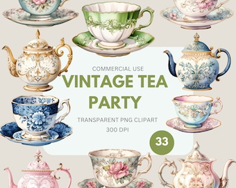 Vintage Tea Party Clipart Pack, Watercolor Versailles Tea Party, Tea Cup Clip Art, Vintage Floral Tea Time, Commercial Use, Transparent PNG