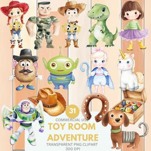Toy Room clipart, Toy Story verjaardag, ruimte, bosrijke clipart, Buzz Lightyear, Forky aquarel voor verjaardag, commercieel gebruik, transparante png