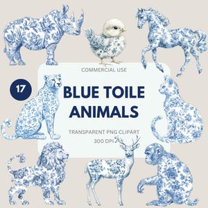 Blauwe toile dieren clipartpakket, blauwe toile de jouy aquarel, vintage toile, chinoiserie clipart commercieel gebruik, transparante png
