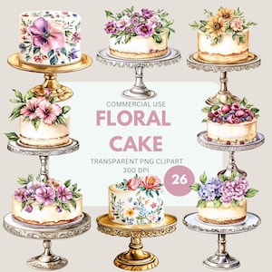 Floral Cake Clipart, Floral Wedding Cake Clipart,  Vintage Floral Cake, Floral Cake Topper, Floral Commercial Use, Transparent PNG