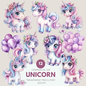 Unicorn Clipart Pack, Rainbow, Poney, Balloon PNG, Cute Unicorn Illustration for Commercial Use, Fantasy Unicorn Transparent PNG