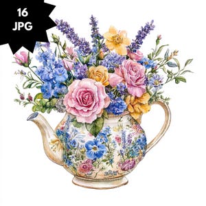 Puede incluir: Ilustración en acuarela de una tetera rebosante de flores coloridas. La tetera está decorada con motivos florales en azul, rosa y amarillo. Las flores incluyen rosas, lavanda y otras flores en tonos rosa, amarillo, azul y morado. El texto "16 JPG" está en la esquina superior izquierda.