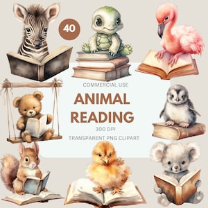 Clipart lecture animaux, livre de lecture animaux aquarelle, clipart de amoureux des livres, livres livresques, lecture de bébé animal, tout usage commercial, PNG transparent