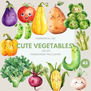 Pack de cliparts légumes mignons, clipart de légumes kawaii, légumes exotiques mignons, légumes d'été PNG, usage commercial, PNG transparent
